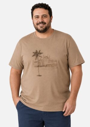 Camiseta Masculina Plus Size Meia Malha De Algodão Bege Estampa Malwee
