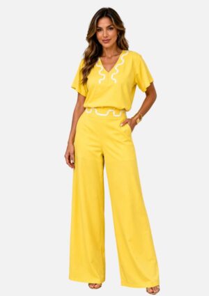 Conjunto Feminino Amarelo De Linho Blusa Com Detalhes
