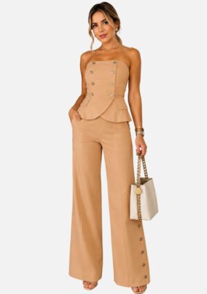 Conjunto Feminino Caramelo Cropped E Calça Linho Egoiste