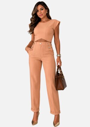 Conjunto Feminino Caramelo Cropped E Calça Botões Egoiste