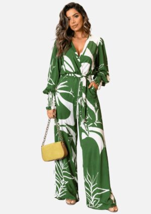 Conjunto Feminino Estampado Calça E Kimono Verde E Branco Closet Divino