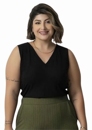 Regata Feminina Canelada Plus Size Básica Com Decote Em V Habana