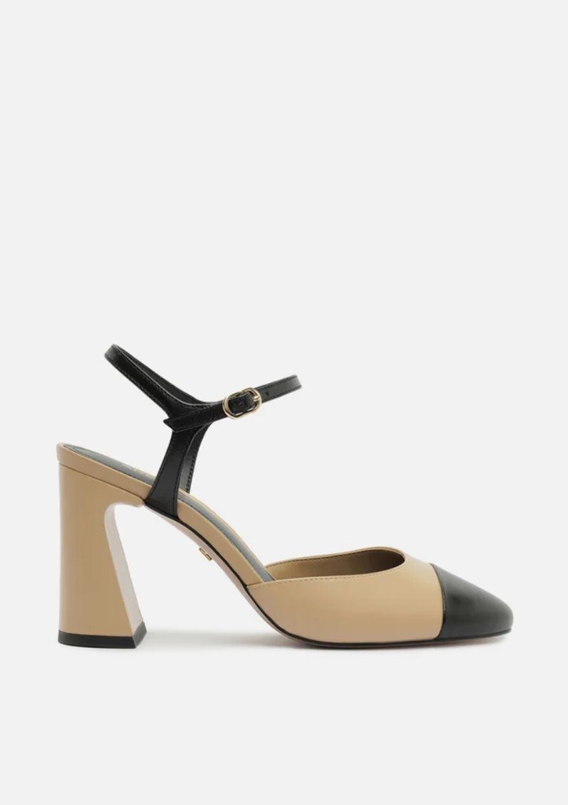 Scarpin Multineutro Couro Salto Bloco Fivela Slingback Cap Toe Preto Arezzo (1)