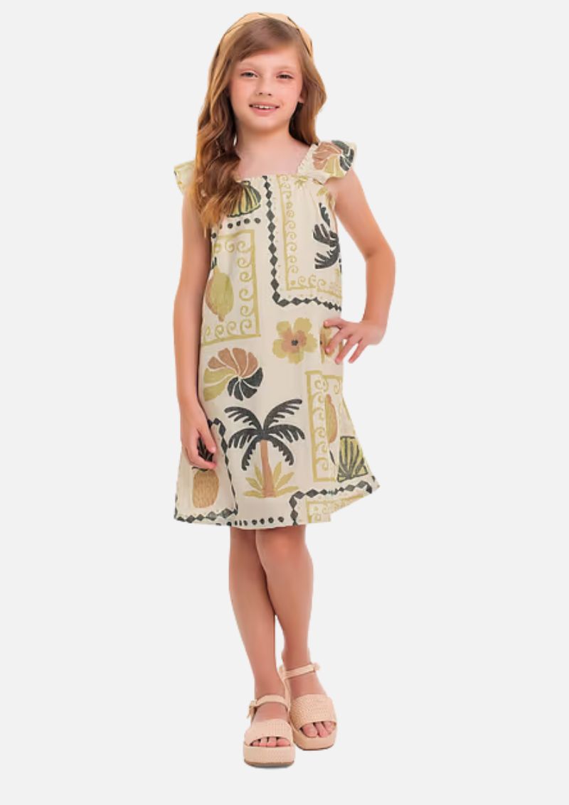 Vestido Em Cotton Estampa Tropical Fakini