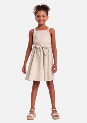 Vestido Infantil Linho Bordado Laço Fakini