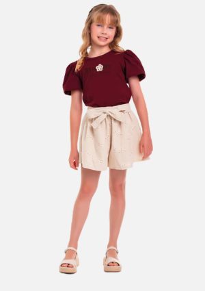 Conjunto Blusa E Shorts Em Linho Bordado Fakini
